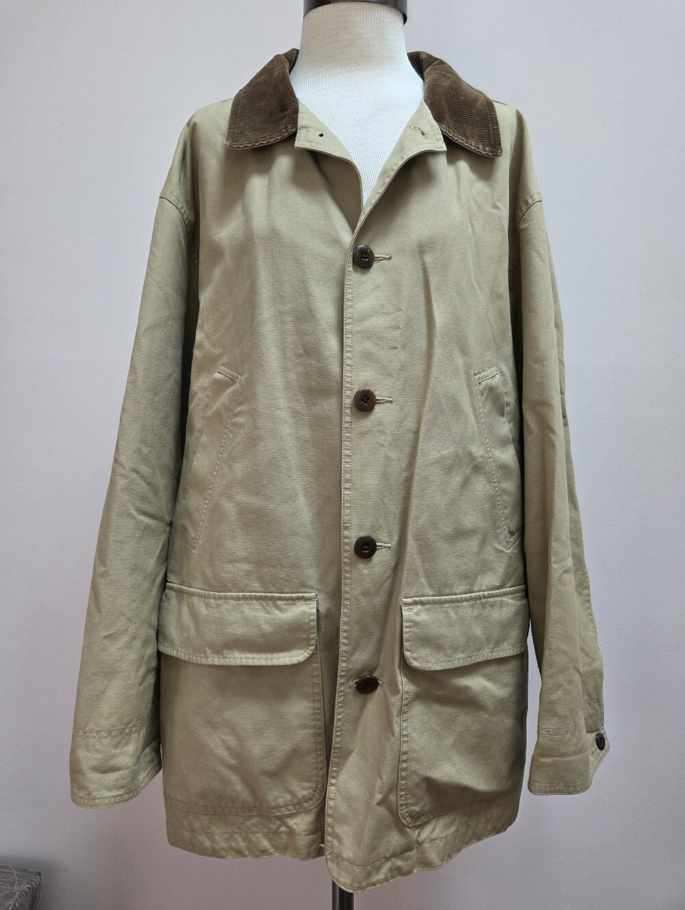 LL Bean Classic Tan Corduroy Collared Barn Chore Coat, Size Large